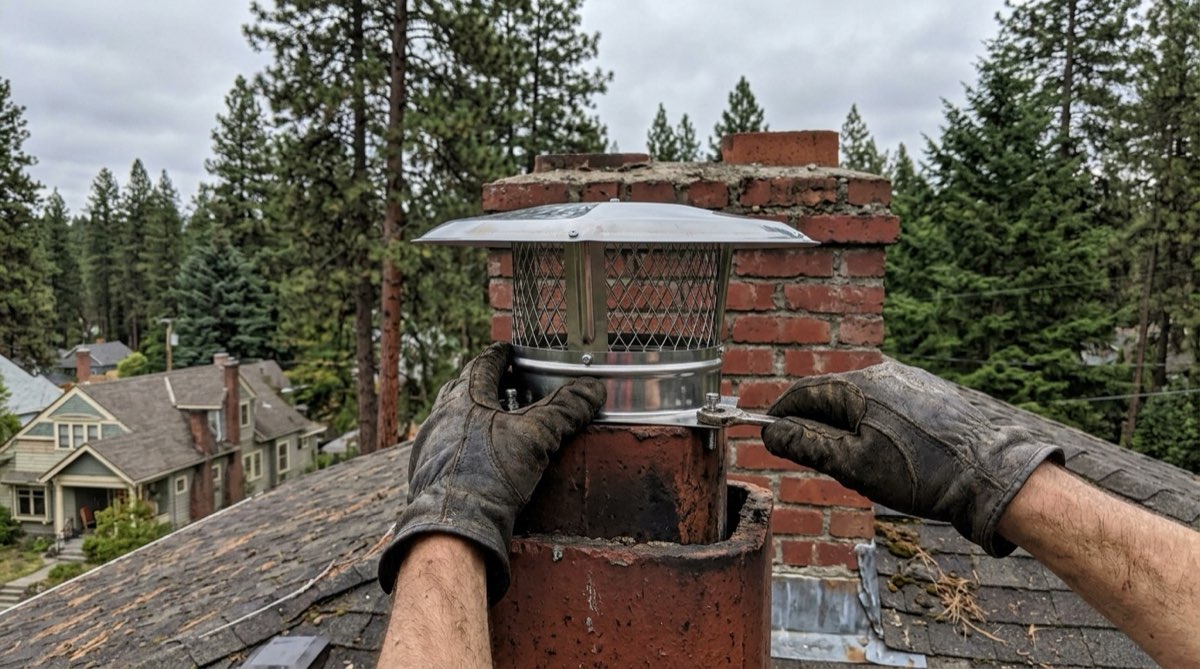 Fitting a new stainless steel chimney cap on a Spokane home