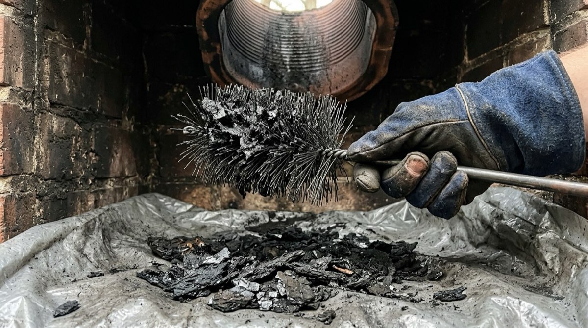 Flaky creosote removed from a flue liner