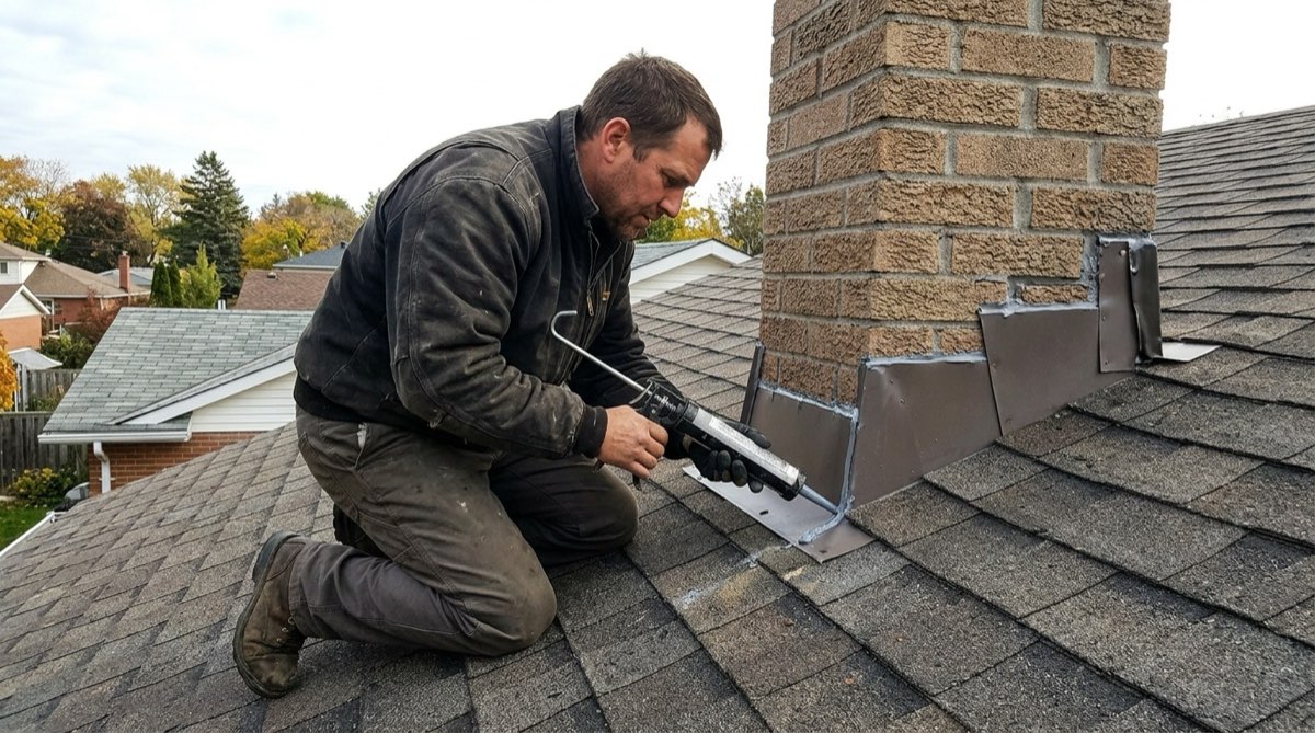 Sealing the step flashing where the chimney meets the roof