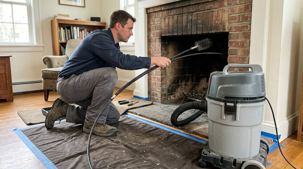 Technician cleaning the flue from the firebox with drop cloths and a HEPA vacuum