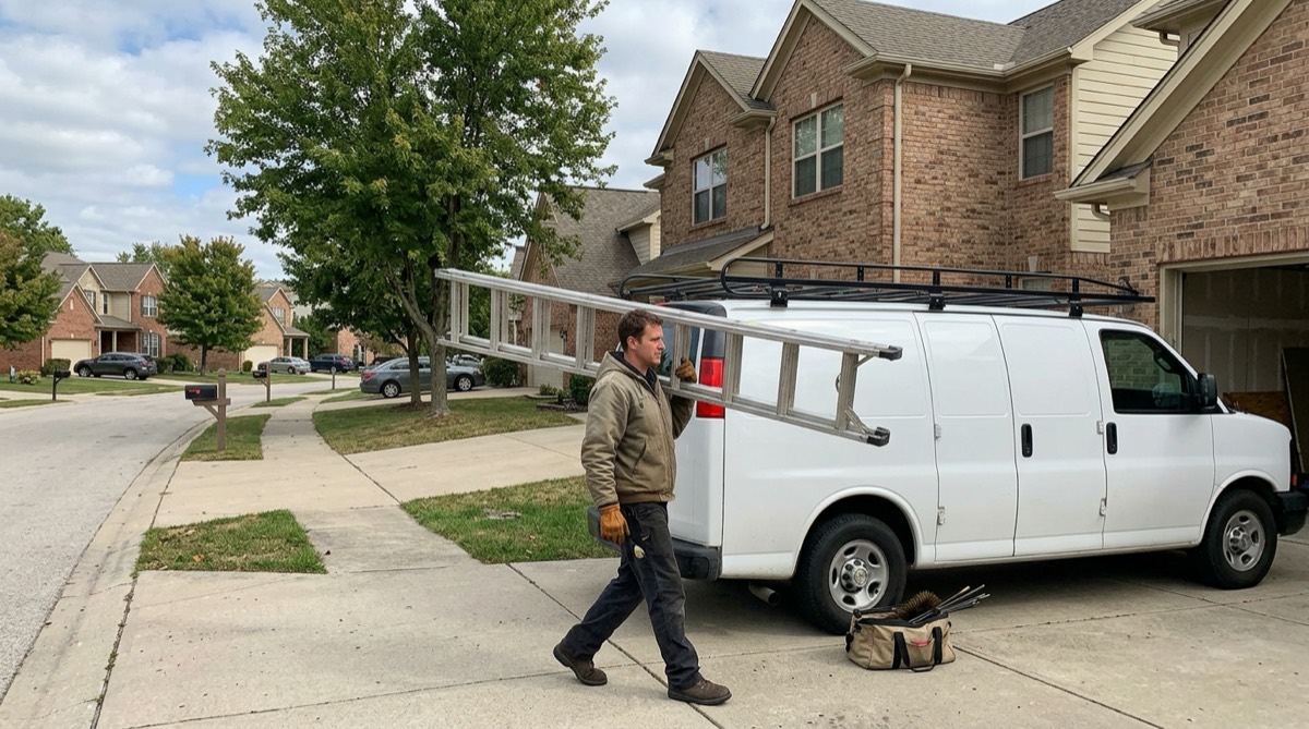 Unloading the ladder for a chimney sweep visit