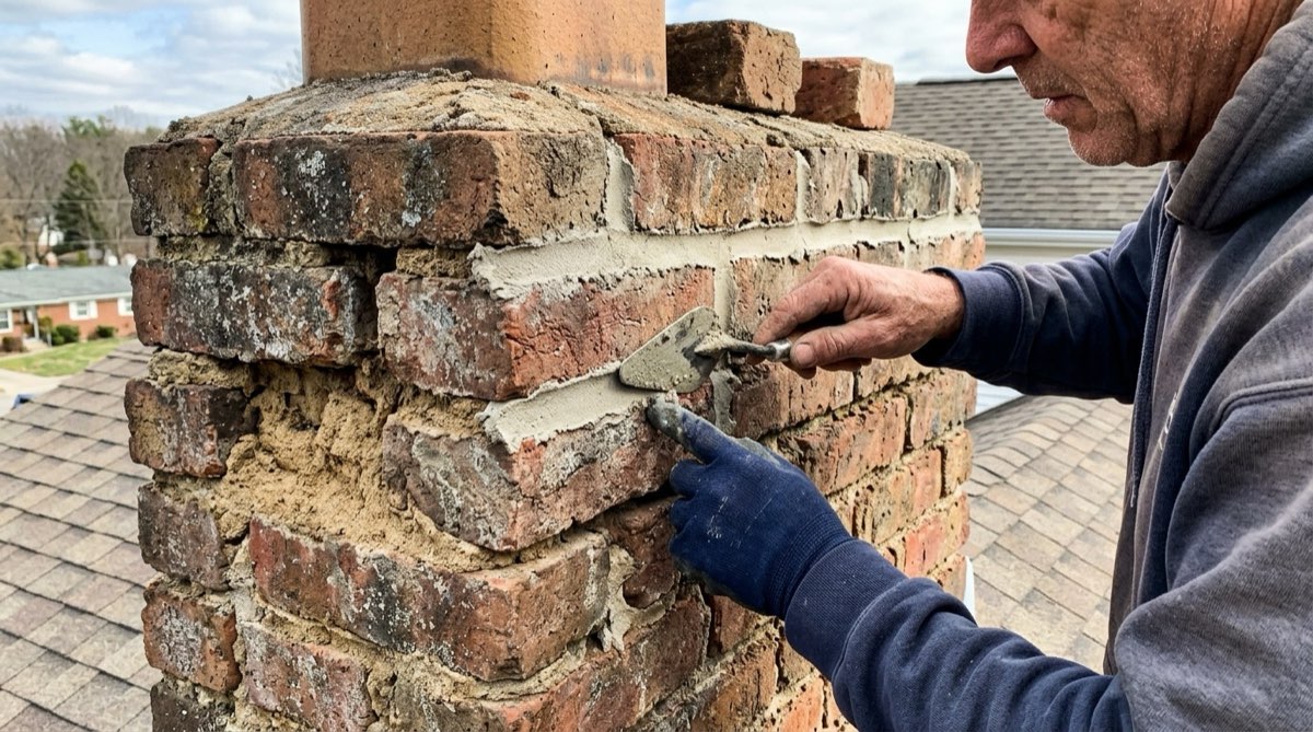 Repointing weathered brick joints on a chimney