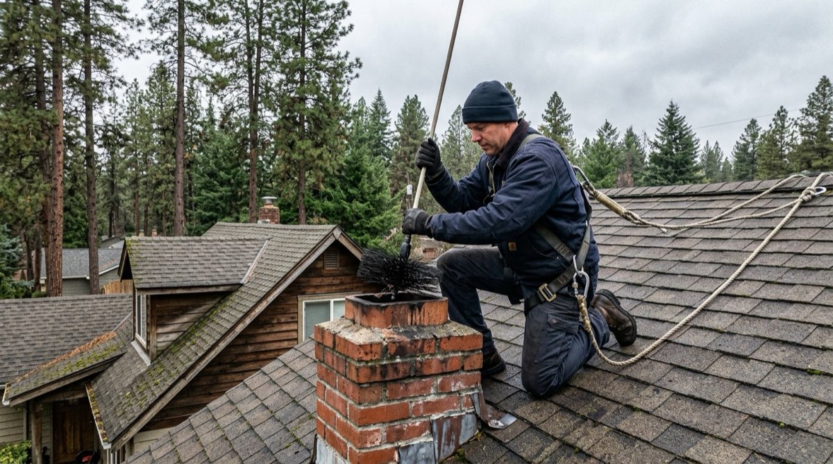 Chimney sweep brushing the flue from the roof of a Spokane home